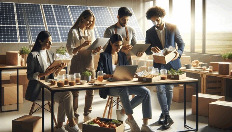 Un grupo diverso de emprendedores trabajando en un espacio colaborativo con laptops, prototipos alimenticios y paneles solares en el fondo.