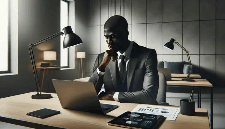 Un emprendedor reflexionando frente a una laptop, rodeado de elementos tecnológicos, en una oficina moderna y sobria.