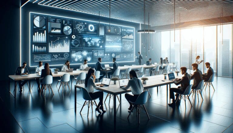 Mesa de trabajo con laptops modernas, gráficos digitales y emprendedores colaborando en un entorno luminoso.