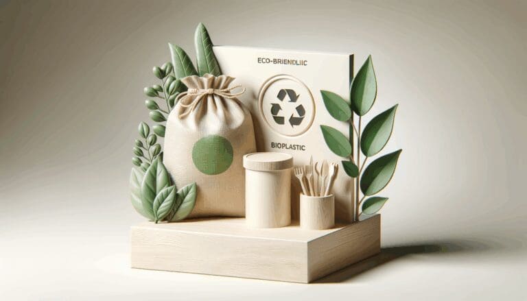 Primer plano de bioplásticos ecológicos sobre un fondo claro y minimalista.