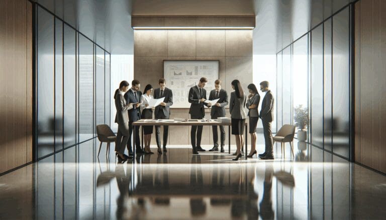 Oficina moderna con equipo directivo reunido analizando documentos financieros.