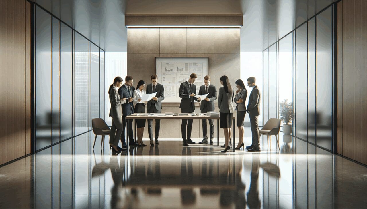 Oficina moderna con equipo directivo reunido analizando documentos financieros.