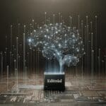 Gráfico conceptual de redes neuronales y conexiones digitales sobre fondo oscuro, estilo minimalista y tecnológico.