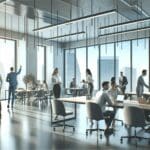 Espacio de coworking moderno con personas colaborando en un entorno flexible.