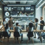 Emprendedores jóvenes discutiendo frente a pantallas digitales con gráficas de criptomonedas en un coworking moderno.