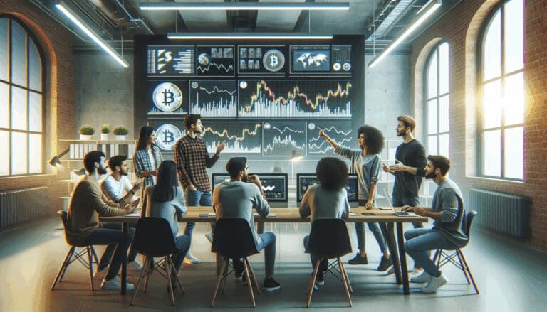 Emprendedores jóvenes discutiendo frente a pantallas digitales con gráficas de criptomonedas en un coworking moderno.