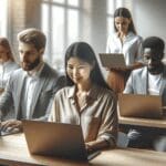 Grupo diverso de emprendedores trabajando en laptops en un moderno coworking tecnológico.