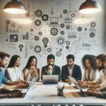 Grupo diverso de emprendedores reunidos en una sala moderna, laptops abiertas, brainstorming sobre innovación tecnológica.