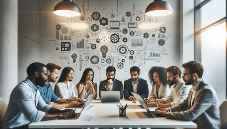 Grupo diverso de emprendedores reunidos en una sala moderna, laptops abiertas, brainstorming sobre innovación tecnológica.