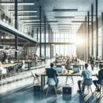 Espacio moderno de coworking con emprendedores colaborando alrededor de mesas, luz natural y ambiente tecnológico.