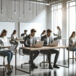 Personas colaborando en un espacio de coworking moderno, con laptops y pizarras.