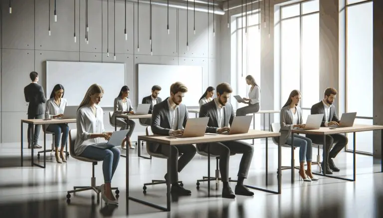 Personas colaborando en un espacio de coworking moderno, con laptops y pizarras.