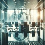 Ejecutivo en sala de reuniones moderna, fondo de oficinas tecnológicas, ambiente de movilidad sostenible.