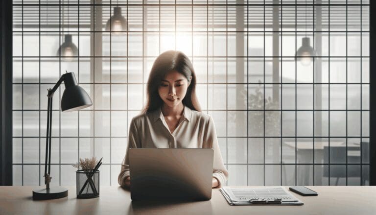 Una persona trabajando en una laptop tras una ventana enrejada, ambientada en un espacio sobrio, con luz natural.