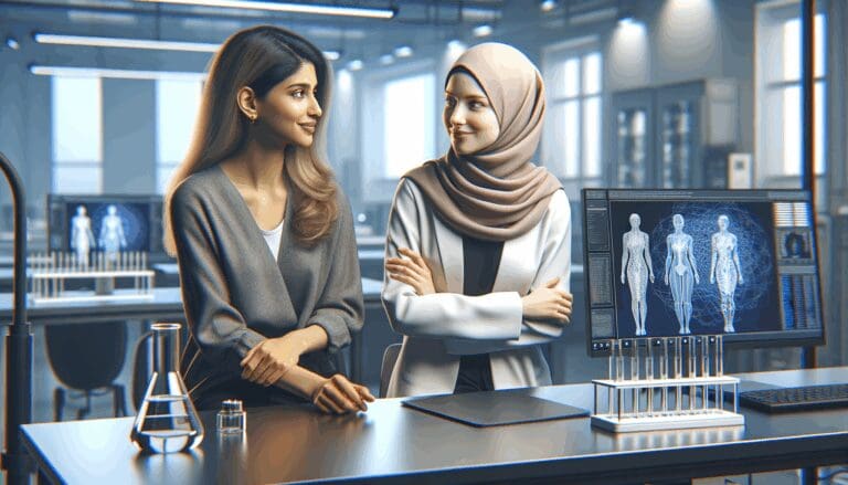 Dos mujeres conversando en un laboratorio moderno, rodeadas de tecnología.