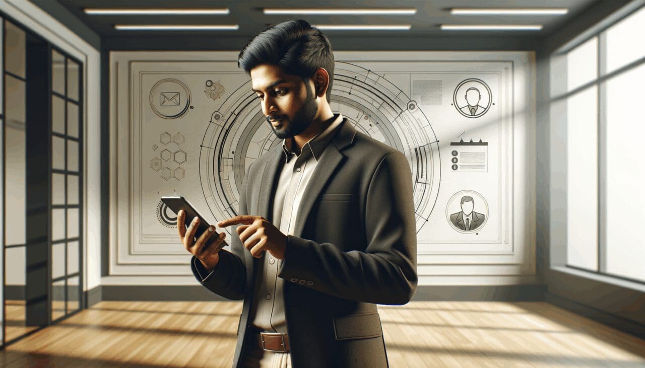 Persona revisando una app en smartphone en una habitación tranquila, con fondo tecnológico minimalista.