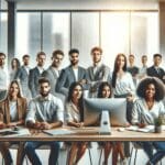 Grupo diverso de profesionales jóvenes colaborando en una sala moderna con pantallas digitales y luz natural.