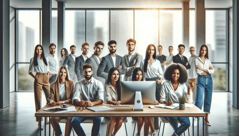 Grupo diverso de profesionales jóvenes colaborando en una sala moderna con pantallas digitales y luz natural.