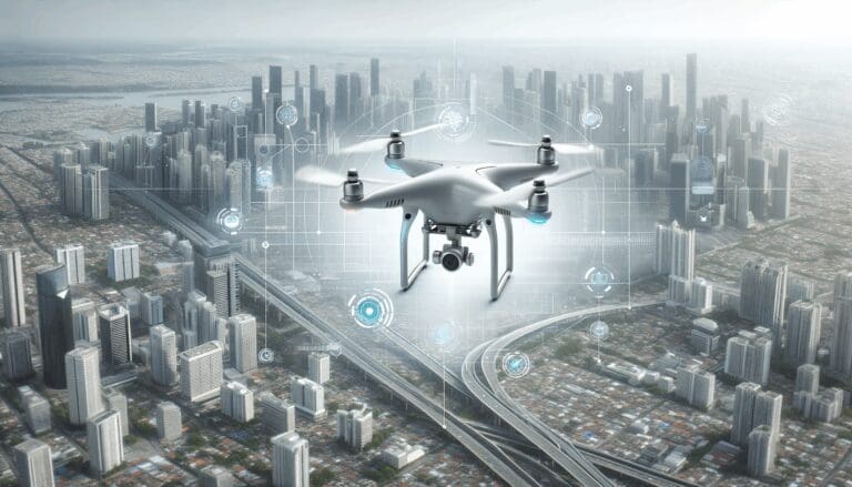 Dron sobrevolando una ciudad moderna, destacando sensores y paisajes tecnológicos.