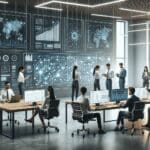 Oficina moderna con equipos colaborando frente a grandes pantallas de datos y circuitos digitales.