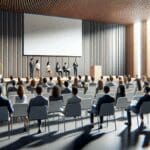 Auditorio moderno con jóvenes profesionales presentando proyectos frente a un jurado atento.