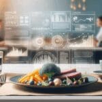 Plato de comida en un entorno de restaurante, acompañado de gráficos digitales sobre análisis de datos y tecnología.
