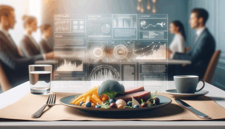 Plato de comida en un entorno de restaurante, acompañado de gráficos digitales sobre análisis de datos y tecnología.