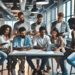 Grupo diverso de emprendedores analizando tecnología innovadora en una sala de coworking moderna.