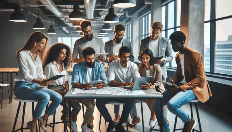 Grupo diverso de emprendedores analizando tecnología innovadora en una sala de coworking moderna.
