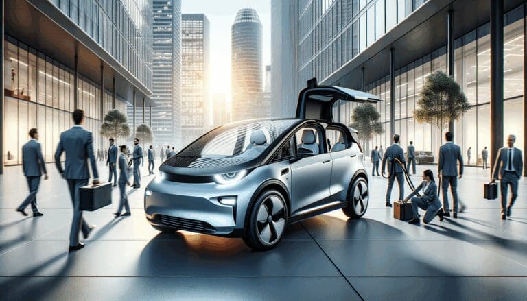 Primer plano de un vehículo eléctrico en una ciudad moderna, con personas trabajando alrededor.