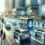 Fotografía conceptual de autos compartidos en una zona urbana, con ambiente tecnológico y personas interactuando en el entorno.