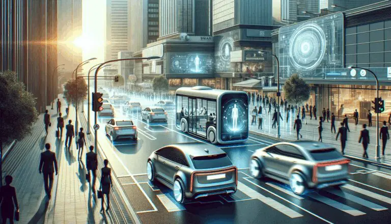 Fotografía conceptual de autos compartidos en una zona urbana, con ambiente tecnológico y personas interactuando en el entorno.