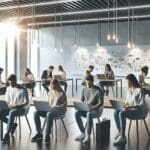 Grupo de jóvenes emprendedores en un espacio de coworking moderno con computadores portátiles y pizarras.