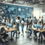 Estudiantes colaborando en un laboratorio moderno con pizarras digitales y dispositivos tecnológicos.