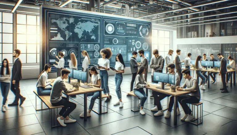 Estudiantes colaborando en un laboratorio moderno con pizarras digitales y dispositivos tecnológicos.