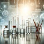 Laboratorio moderno con probetas y materiales químicos en primer plano, fondo tecnológico desenfocado.