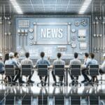 Un grupo de ingenieros discutiendo en una sala de conferencias moderna con pantallas y equipos avanzados.