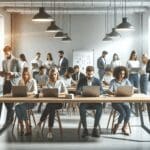 Fotografía de jóvenes emprendedores reunidos en un espacio de coworking moderno, con laptops y pizarras.