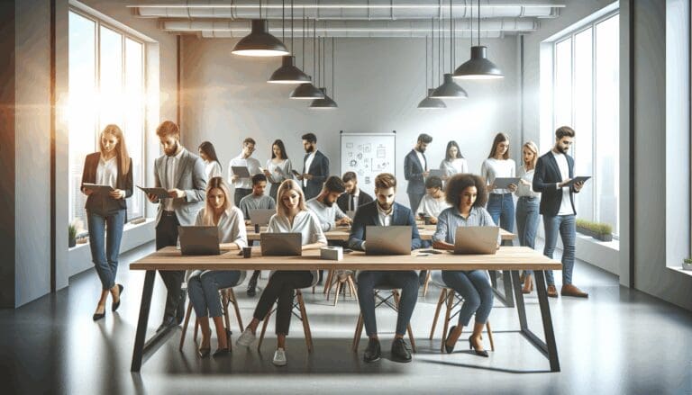 Fotografía de jóvenes emprendedores reunidos en un espacio de coworking moderno, con laptops y pizarras.