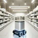 Robot móvil recorriendo pasillos de una tienda moderna, luces brillantes y estanterías ordenadas.