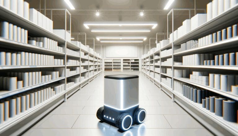 Robot móvil recorriendo pasillos de una tienda moderna, luces brillantes y estanterías ordenadas.