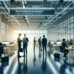 Fotografía editorial de una incubadora tecnológica, con emprendedores colaborando en un espacio moderno y luminoso.