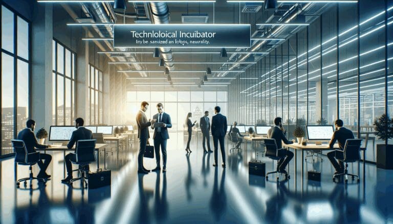 Fotografía editorial de una incubadora tecnológica, con emprendedores colaborando en un espacio moderno y luminoso.