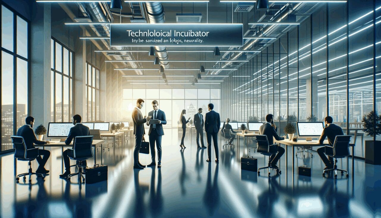 Fotografía editorial de una incubadora tecnológica, con emprendedores colaborando en un espacio moderno y luminoso.