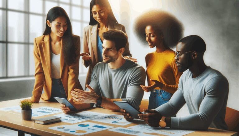 Retrato vibrante de un grupo diverso de emprendedores y empresarios colaborando en una oficina moderna, con dispositivos tecnológicos sobre la mesa.