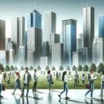 Skyline moderno de una ciudad tecnológica con rascacielos, gente joven y áreas verdes.