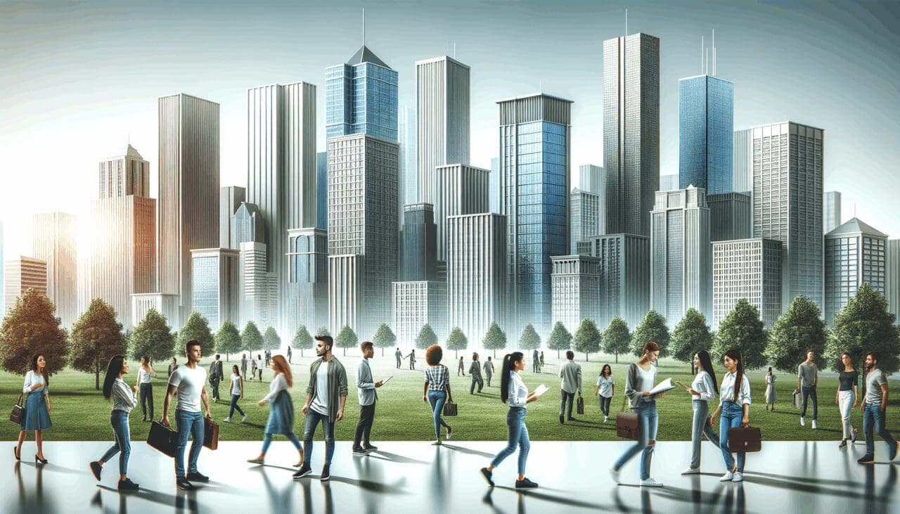 Skyline moderno de una ciudad tecnológica con rascacielos, gente joven y áreas verdes.
