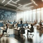 Oficinas modernas con equipos colaborando frente a pantallas digitales, ambiente de innovación.