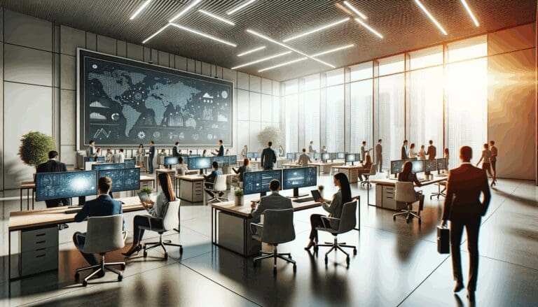 Oficinas modernas con equipos colaborando frente a pantallas digitales, ambiente de innovación.