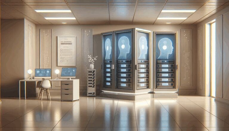 Ilustración de una startup tecnológica con servidores y pantallas de inteligencia artificial en un espacio moderno, ambiente profesional y neutro.
